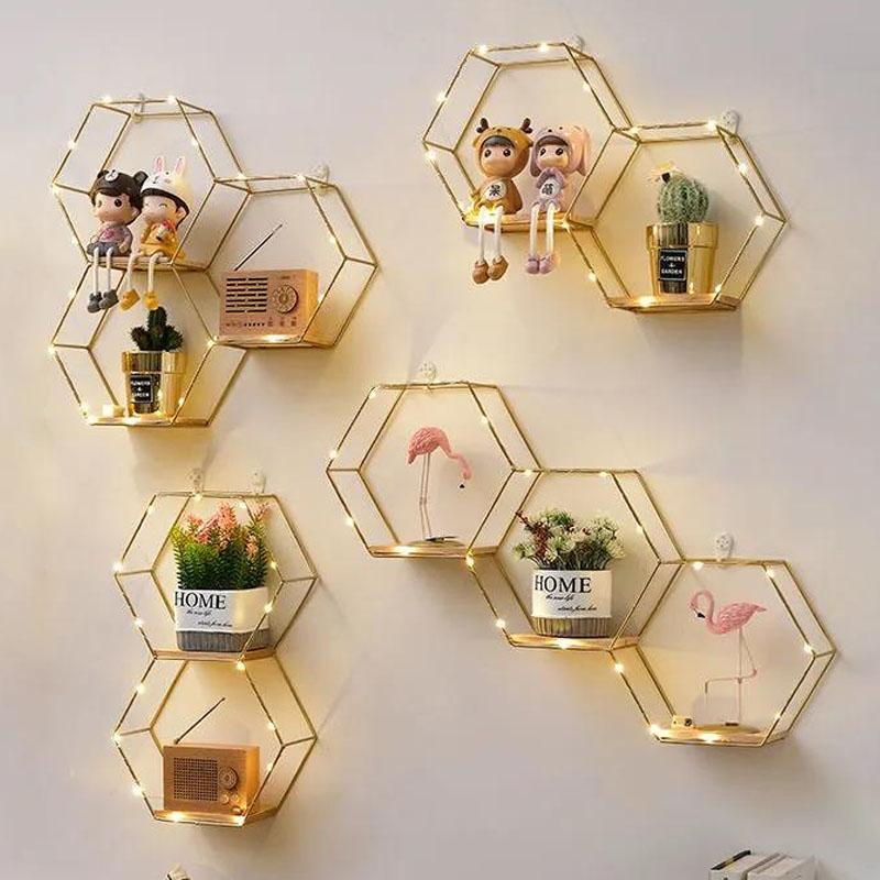 Hexagon Art Storage Shelf Metal Decorative Rack Wall Mount Display Platform with Light Strip