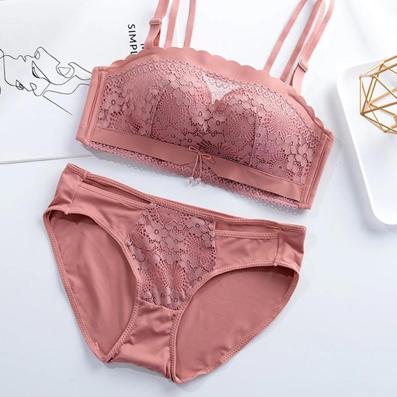 Ladies Strapless Bra Set Women's Non-slip Gather-up Sexy Lace Hollow Out Underwear Female Invisible Chest Patch Thickening No Steel Ring Tube Top Set