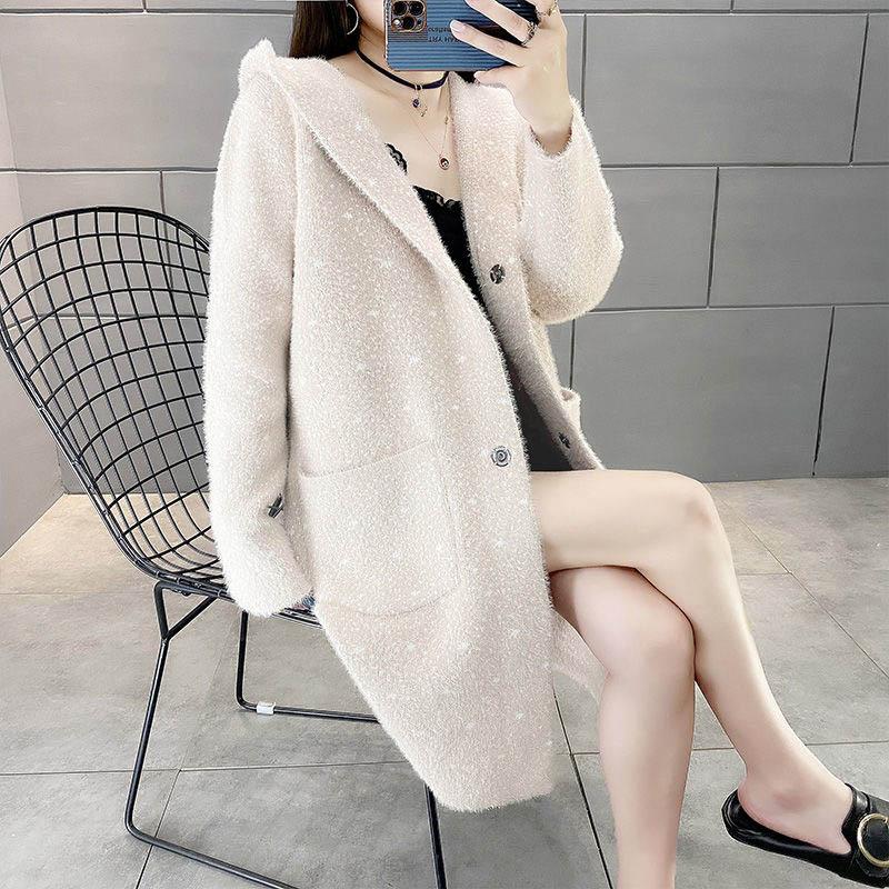 Spring and Autumn Mid-length Plaid Imitation Mink Velvet Coat Women Loose Thick Knit Sweater Coat Women