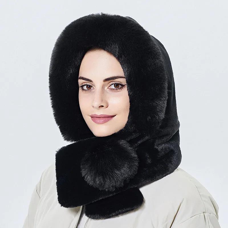 Winter Women's Hats Fashion Solid Color Plush Cap Neck Protection Cold and Warm One-piece Hood Scarf Integrated