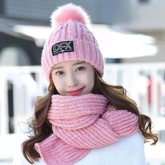 Women's Winter Hat Knitted Woolen Hat Scarf Two-piece Set Korean Version All-match Warm Velvet Fur Ball Cap Solid Soft Knitting Top Hat Scarf Warm Set