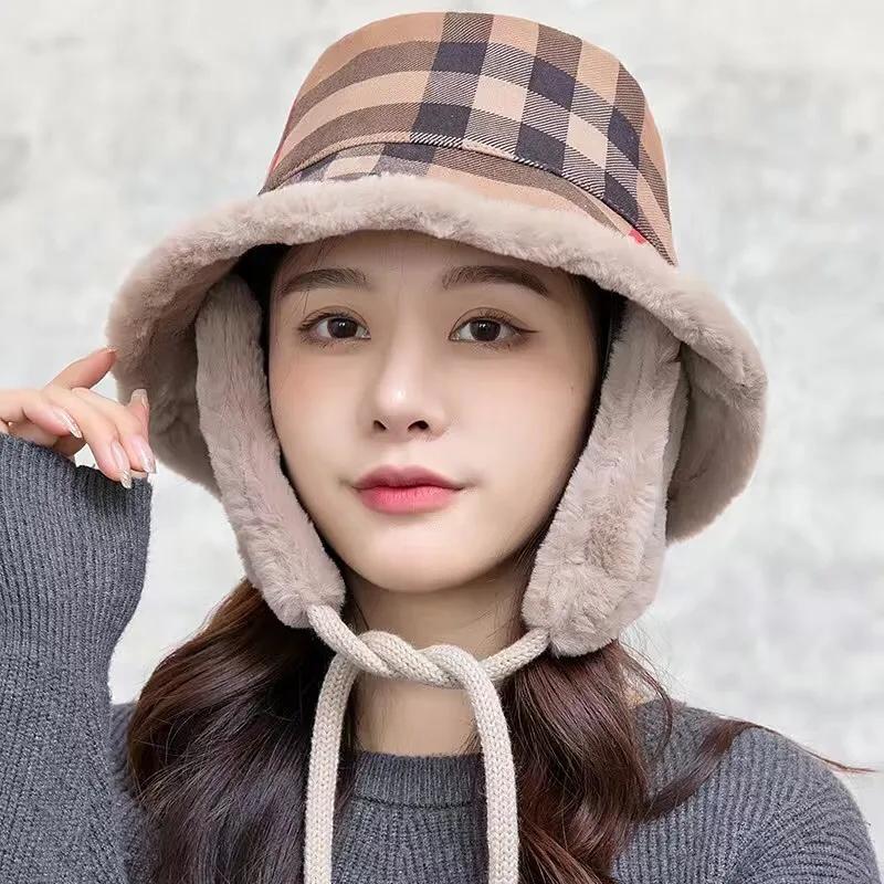 Women's Autumn Winter Dual-purpose Fisherman Hat Warm Ear Protection Removable Large-brimmed Hat Detachable Ear Protection Strap Plaid Fisherman Cap