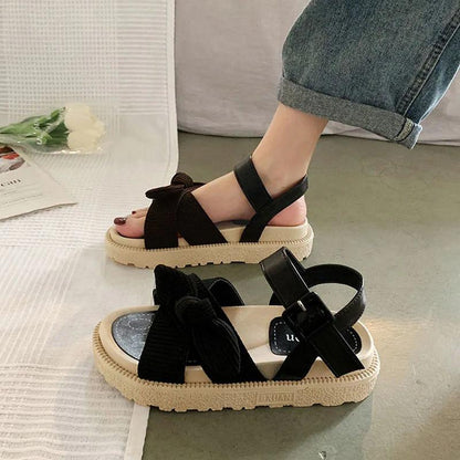 Women's Summer Flat Sandals Cute Bow Roman Thick-soled Beach Shoes Non-slip Comfortable Breathable Sandals