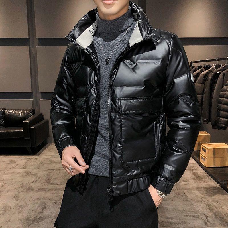 Short White Duck Down Men's Down Jacket Winter Fashion Trend Stand-up Collar Shiny Face Slim Black Jacket