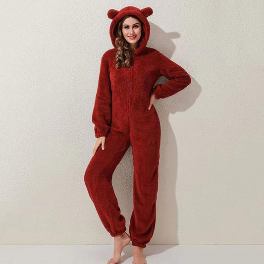 Women's Winter Cute Bear Ear Pajamas One Piece Plush Double Sided Fleece Home Wear Hooded Pajamas Loose Plus Size Pyjamas