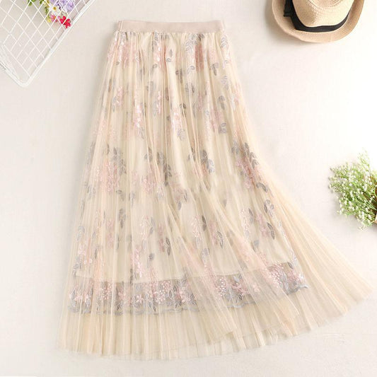 Woman Spring Summer Embroidered High Waist A-line Mesh Casual Skirt Vintage Sweet Fairy Party Skirt