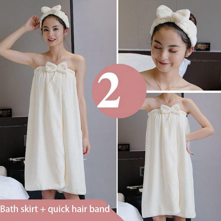 Bath Towel + Hair Band Two-piece Female Cotton Absorbent Non-linting Bath Skirt Can Wear Sexy Tube Top Bathrobe Soft Flannel Fabric