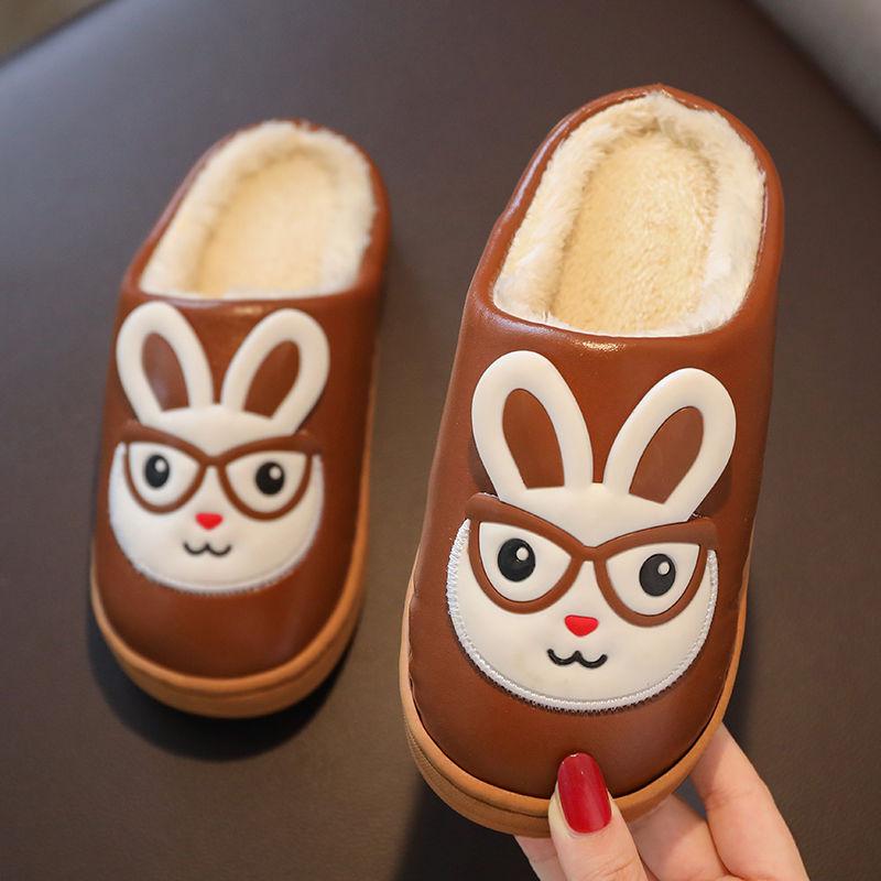 PU Children's Cotton Slippers Boys and Girls Middle and Small Children's Slippers Warm Shoes Winter Non-slip Soft-soled Slippers