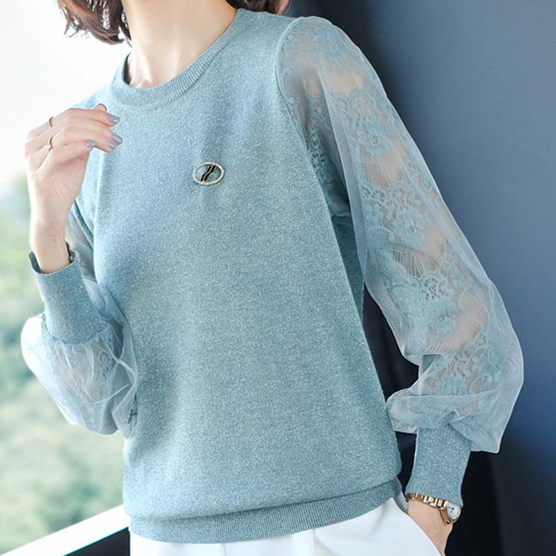 Lace Hollow Bottoming Shirt Women's Small Sweater Knitted Sweater Early Spring and Autumn Outer Wear Thin Top