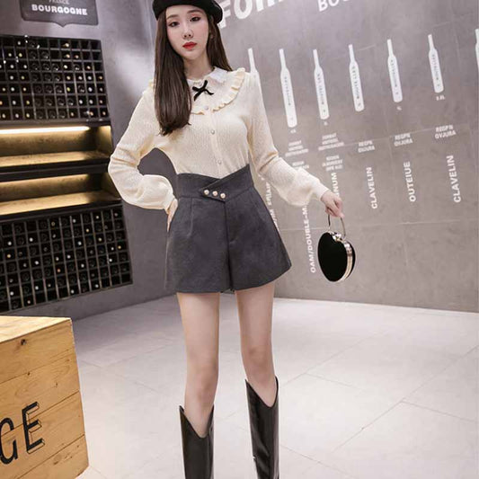 Woolen Short  Wide-leg Pants Women's Autumn and Winter Models High Waist and Thin All-match External Boots and Pants