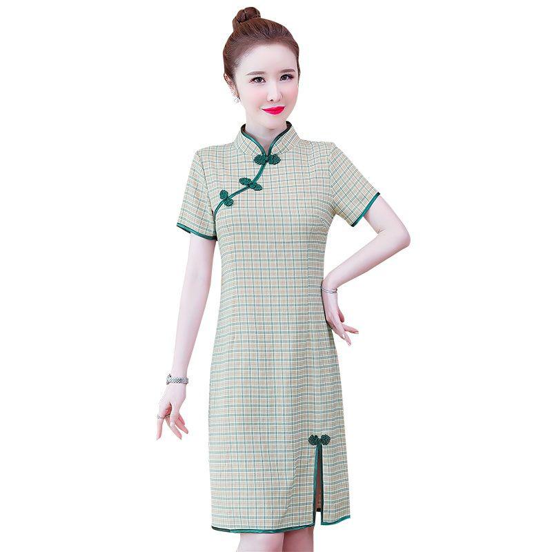 Improved Cheongsam Skirt Dress Large Size Fat Mm Retro Slim Mid-length Plaid Skirt