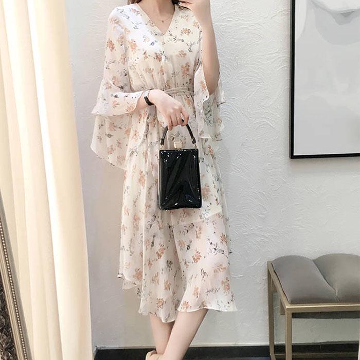 Pofulove M-4XL Women Summer Floral Chiffon Dress Slim Short-sleeved V-neck A-line Beach Dresses