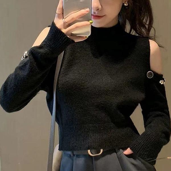 Design Sense Off-shoulder Sexy Sweater Women's Autumn Long-sleeved Loose Top Short Solid Color Round Neck Jacket