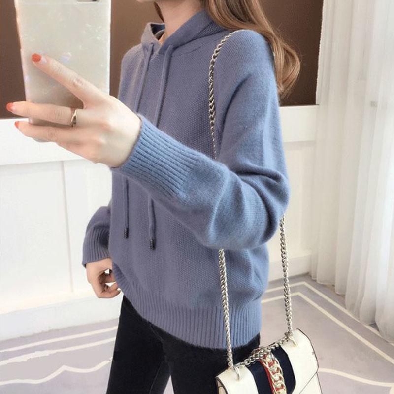 Spring and Autumn Hooded Jacket Loose Short Knitted Sweater Solid Color Long Sleeve Women's Top