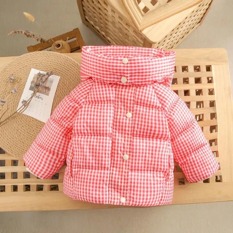 Children's Down Cotton-padded Jacket Winter Boys and Girls Plaid Cotton-padded Jacket Short Plush Jacket Hooded Cotton Jacket