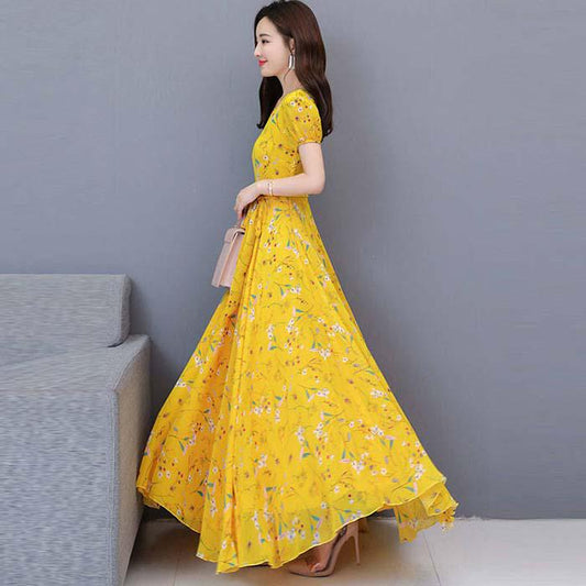 Pofulove S-4XL Women Printed Chiffon A-line Dress Slim Big Skirt Long Dress Bohemian Beach Skirt