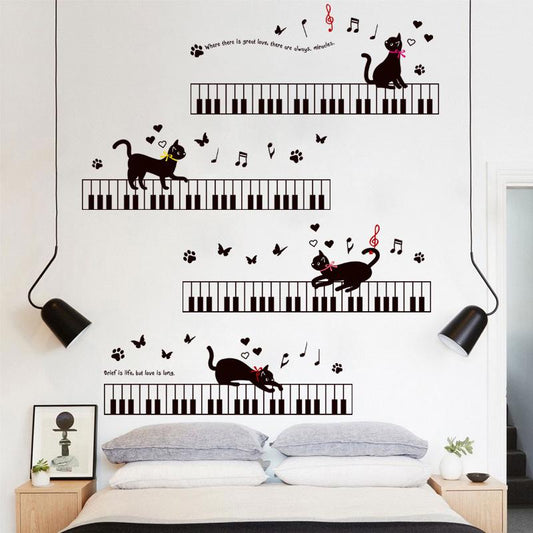 Cat child room bedroom kindergarten background wall stickers green mural on the piano music sticker