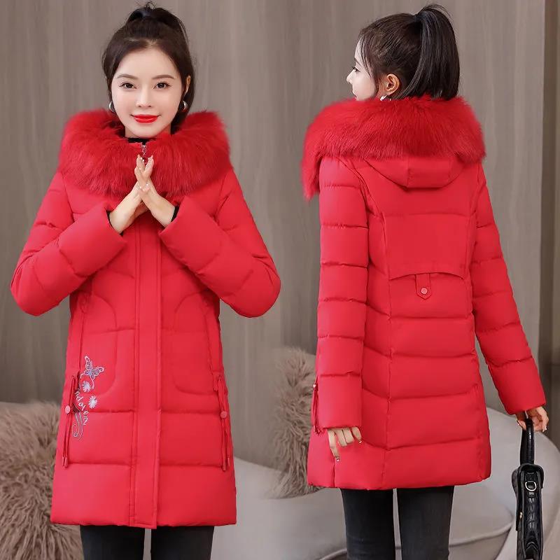 Down Jacket Winter Ladies Fashion Korean Big Fur Collar Thick Warm Hooded Mid-length Plus Size Cotton Jacket