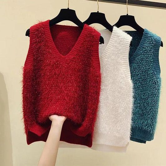 Women's Spring Fall Elegant V-Neck Vest Solid Color Sleeveless Sweater Winter Loose Bright Silk Tassel Knit Pullover