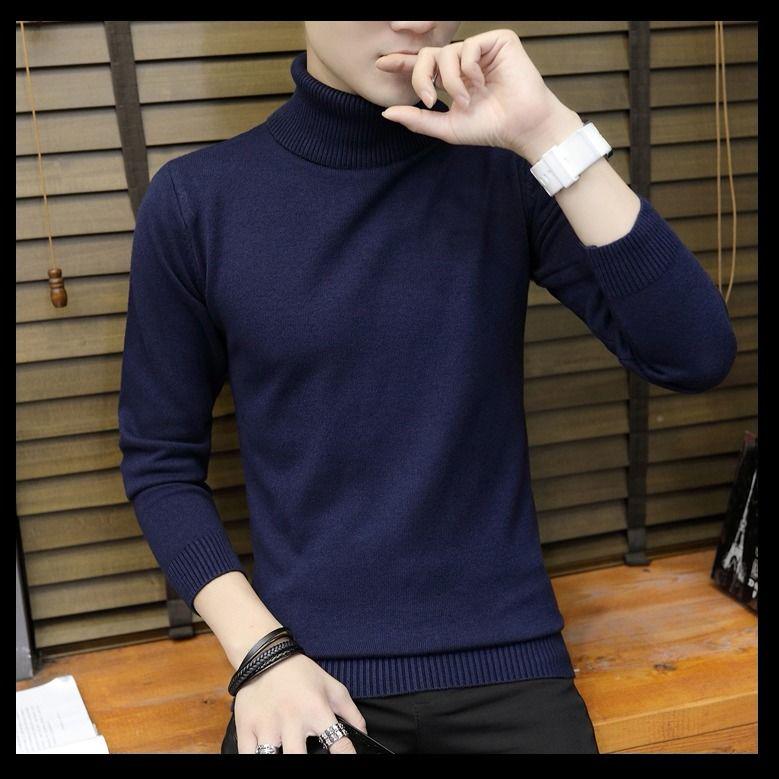 Warm Turtleneck Sweater Men Solid Knitted Mens Sweaters Casual Slim Pullover Male Double Collar Tops