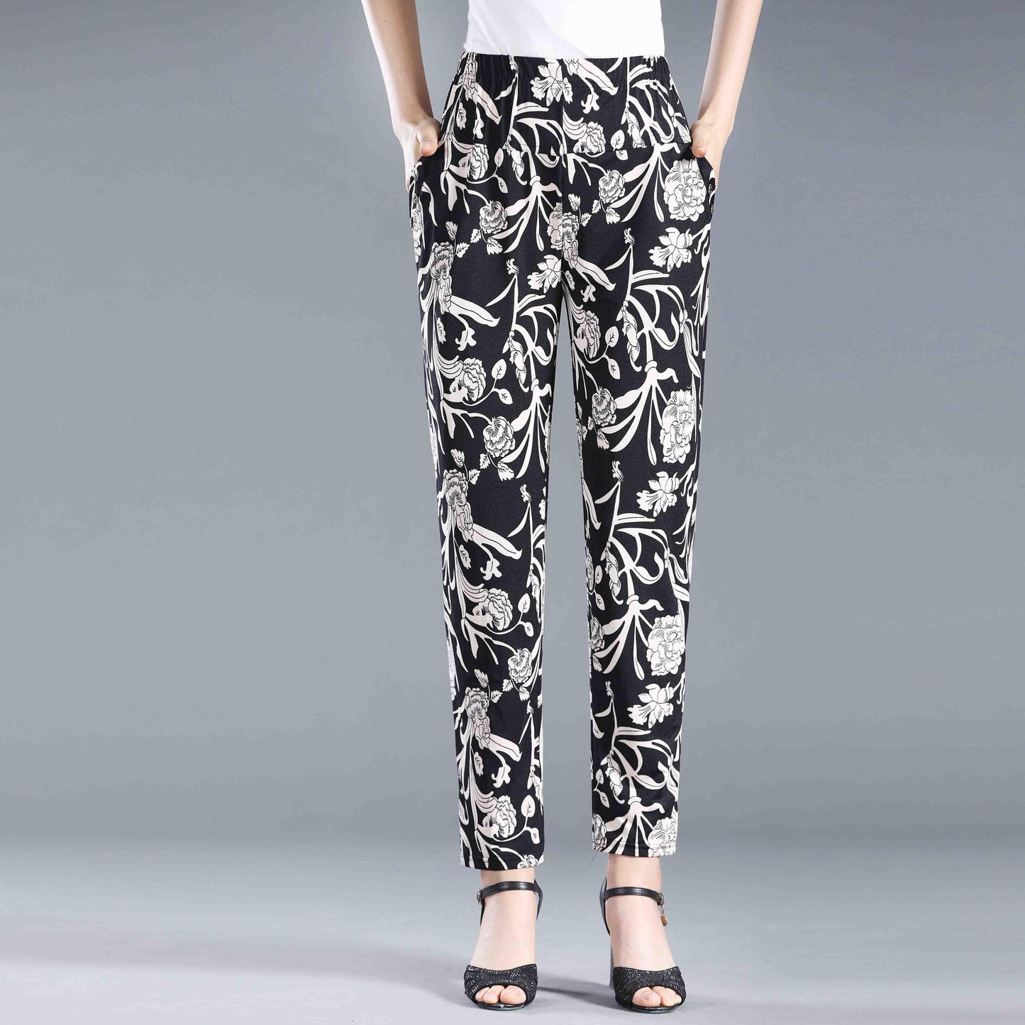 Women's Loose Printed Summer Casual Pants Large Size Straight Pants Thin Breathable Vintage Cropped Pants