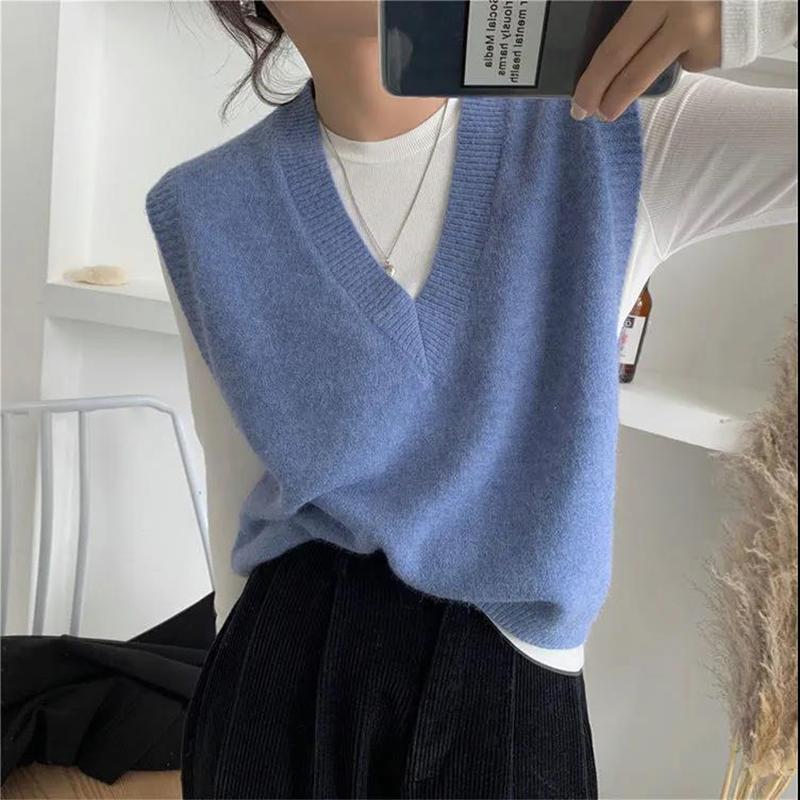 Autumn and Winter Ladies Sweater Vest Warm Korean Casual Loose Retro V-neck Sleeveless Knitted Waistcoat Wool Vest Vest