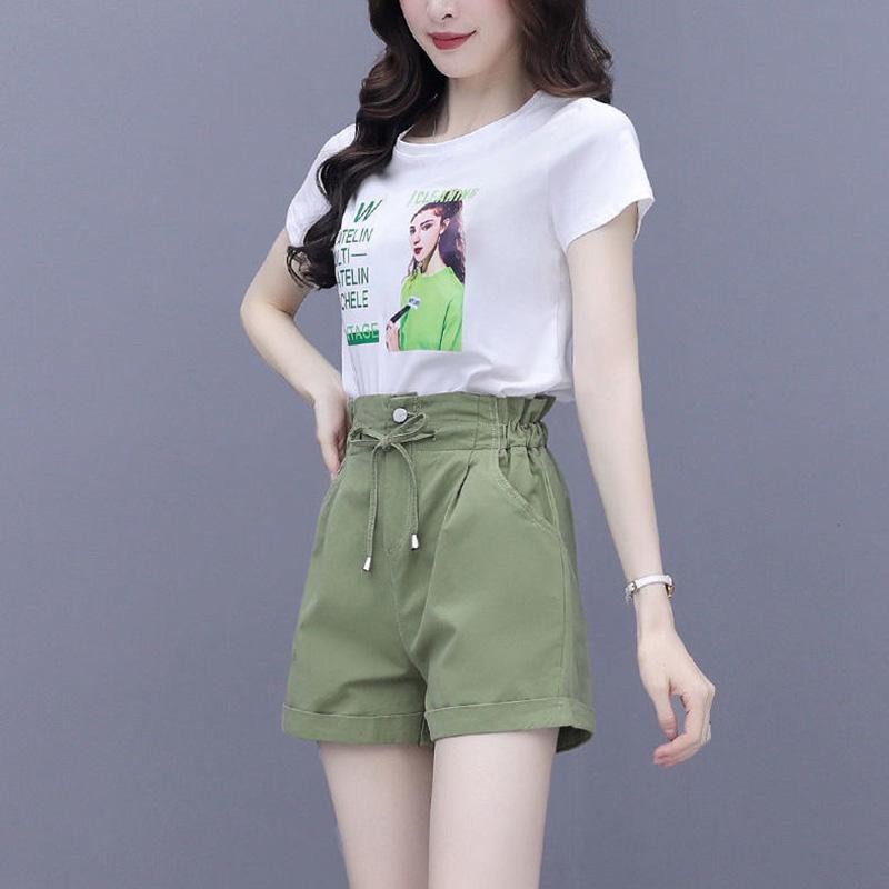 Casual Suit Women's Summer Cotton Printed Short-sleeved Cute Two-piece Round Neck Short-sleeved T-shirt Shorts Casual Suit