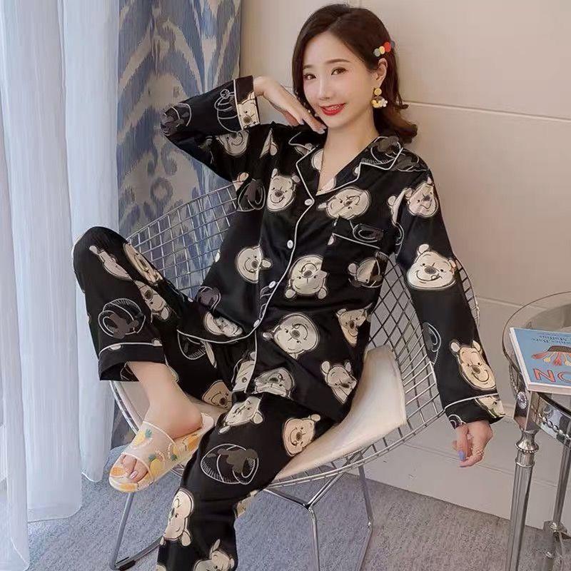 Ice Silk Long-sleeved Thin Women's Pajamas Sexy Korean Style Cute Spring and Summer Plus Size Two-piece Suit