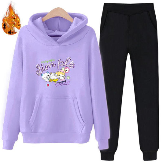 Cartoon Printed Long-sleeved Hooded Sweater Two-piece Loose Women's Hoodie + Casual Sweatpants Women's Casual Warm Suit