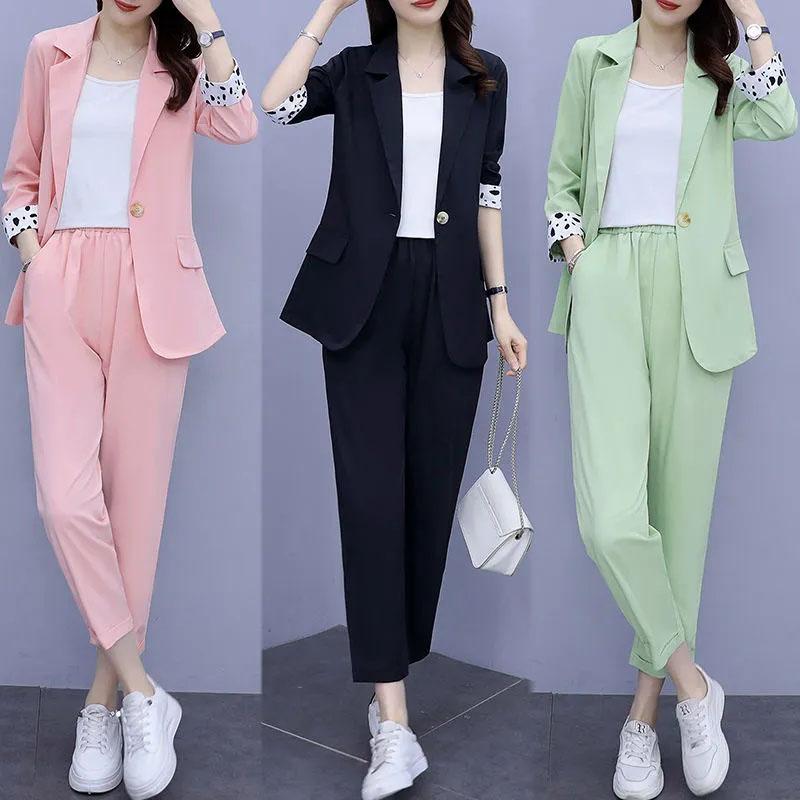 2PCS Women's Solid Color Suits Set Spring and Autumn Suit Thin Jacket + Loose Casual Pants Two-piece Large Size Fat Girl Slimming Suit