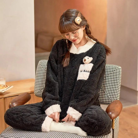 Women Cartoon Cute Pajamas Thick Warm Sleepwear Girls Home Nightwear Set Velvet Soft Crew Neck Pullover Top and Pants Suit