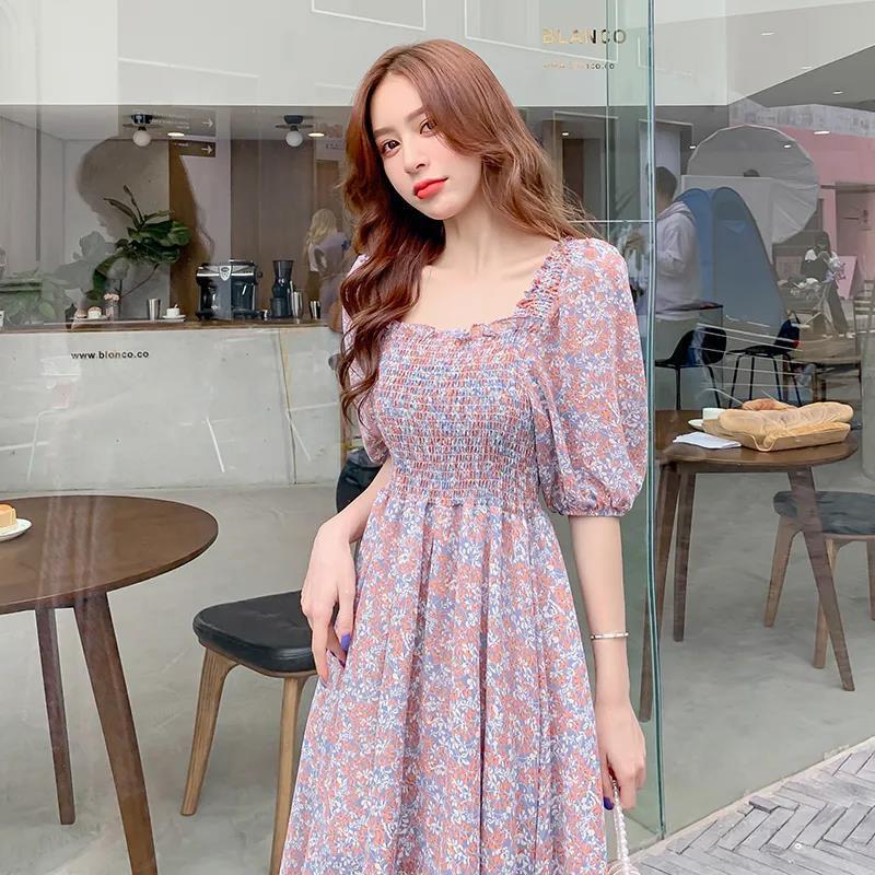 Female Vintage High Waist Super Fairy Holiday Dress Elegant Slim Little Fresh Chiffon Floral Print Dress