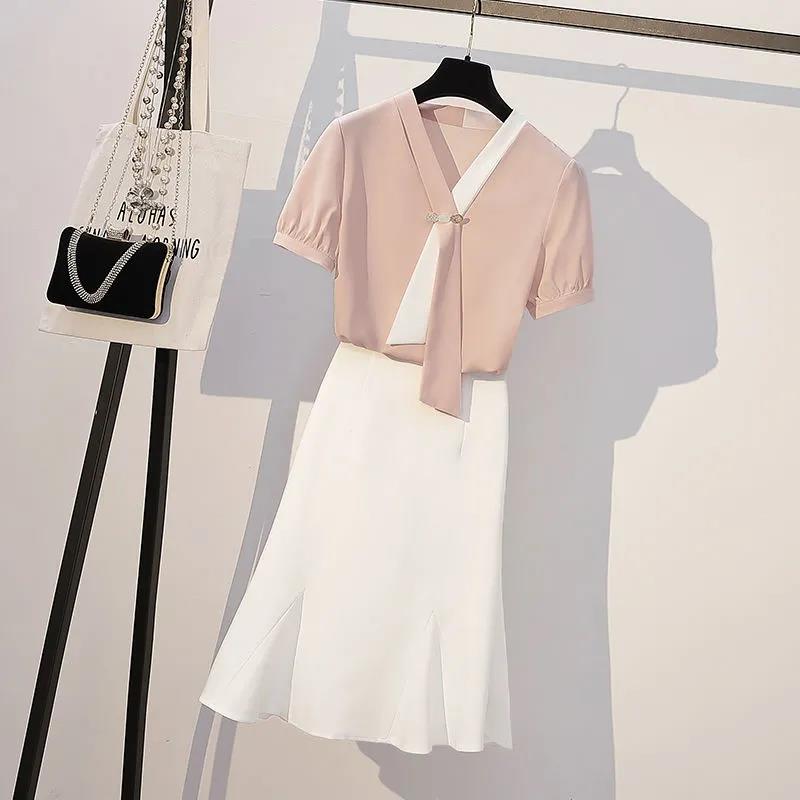 Women Summer 2 Pieces Skirt Set Pink Short Sleeve V-neck Blouse & High Waist White Mid-length Frill Skirt Office Lady Skirt Suit