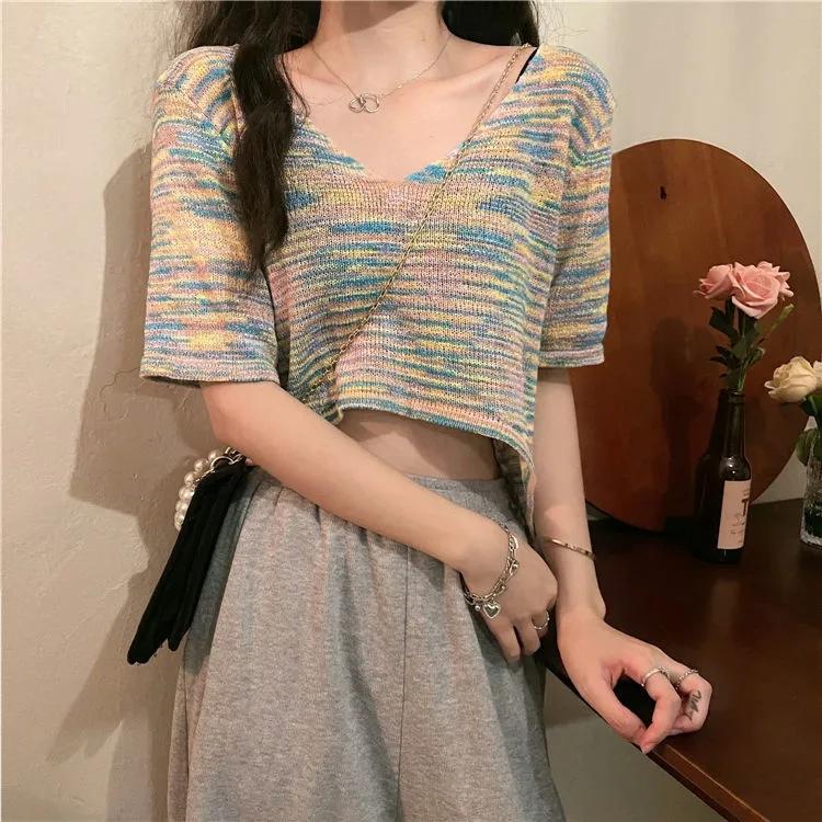 Women's Knitwear Summer Thin V-neck Hollow Out Short-Sleeve Shirt Temperament Short Loose Casual Striped Pullover Top Female Knitted Pullovers Top Tee