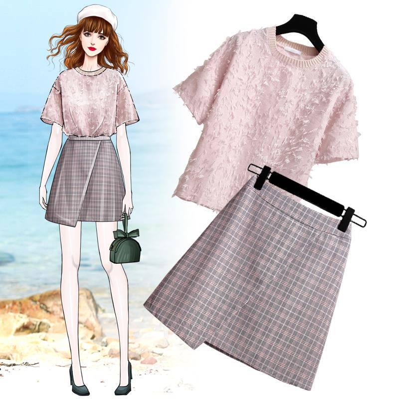 Summer Women 2 Piece Suit Short Sleeve Fringed Top T Shirt & Plaid Skirt Suits Skirts Set