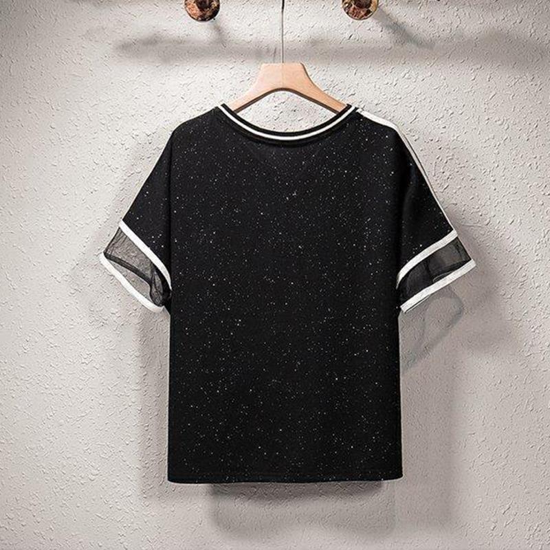 Two-piece Large Size Women's Casual Temperament Fan Loose and Thin Mesh Stitching Two-piece V-neck Short-sleeved Shirt + Elastic Waist Casual Pants