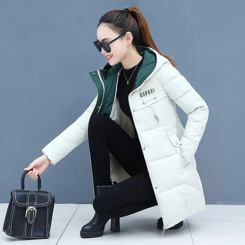 Winter Parkas for Women Mid-length Cotton Women's Down Coats Letter Print Jacket Hooded Medium Long Warm Thickning Coats Female Slim Outerwear