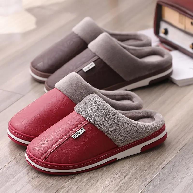 Autumn Winter Women's Home Indoor Waterproof Non-slip Thick-soled Warm Couple Thickened Pu Cotton Slippers