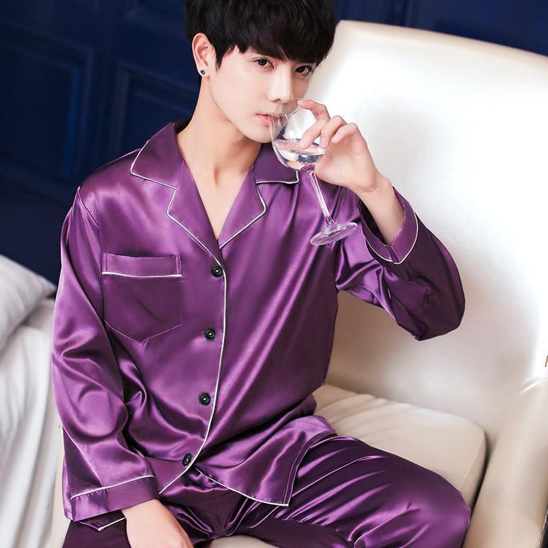 Spring and Autumn Long-sleeved Ice Silk Men's Pajamas Thin Style Korean Home Service Two-piece Suit Plus Size