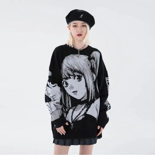 Women Hip Hop Streetwear Harajuku Sweater Vintage Retro Japanese Style Anime Girl Knitted Sweater Autumn Winter Cotton Pullover O Neck Loose Jumper