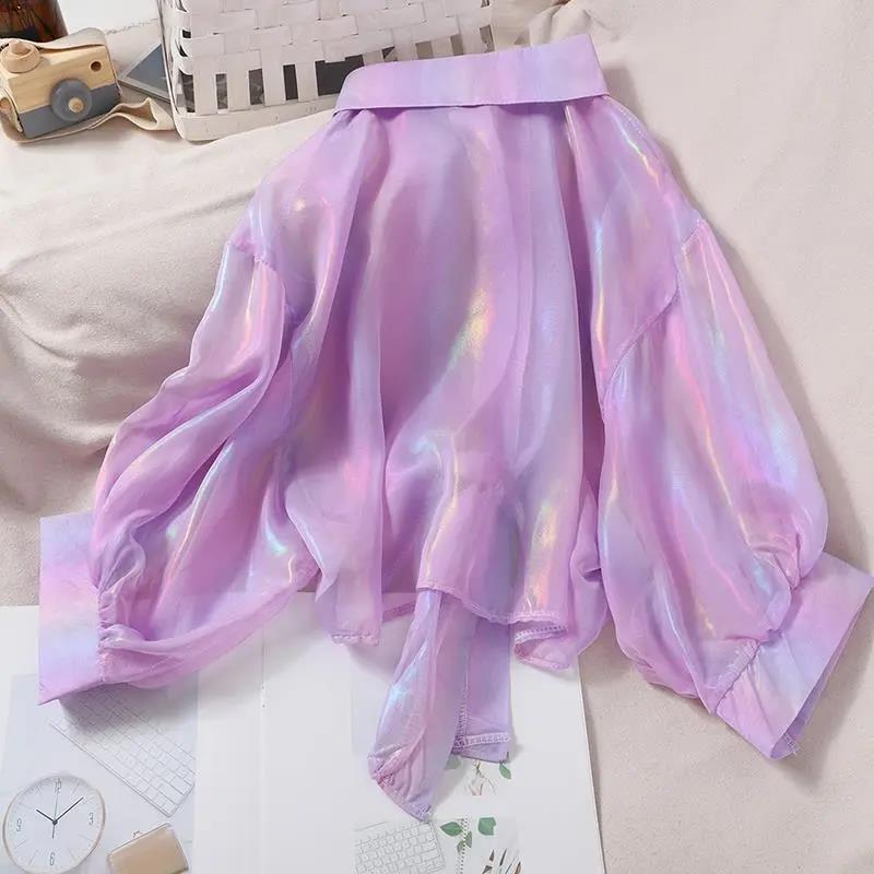 Rainbow Shiny Chiffon Shirt Sun Protection Shirt Loose Long Sleeve Cardigan Women's Thin Coat Casual Top  Women Shirts