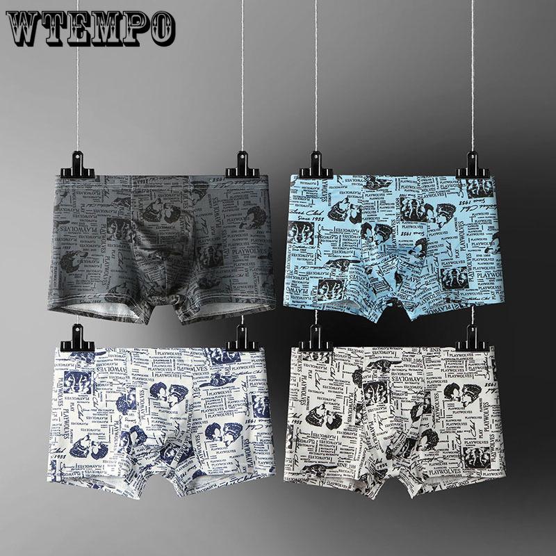 Wtempo 4pcs Boxer Mens Underwear Short Print Breathable Shorts Boxers Sexy Underpants