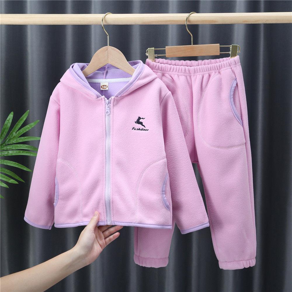 Children's Polar Fleece Suit Spring and Autumn Big Children's Fleece Warm Top Pants Two Boys and Girls Hooded Plus Fleece