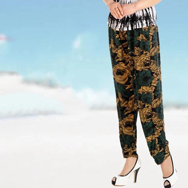 Women Summer High Waist Wide Leg Floral Printed Casual Pants Female Big Size Loose Elastic Waist Simple Thin Cropped Pants