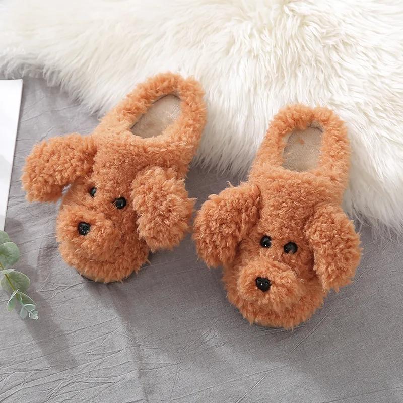 Women Slippers Winter Shoes for Women Cute Teddy Dog Faux Fur Warm Soft Indoor Home Slippers Plus Size Couples House Slipper Non Slip Slides