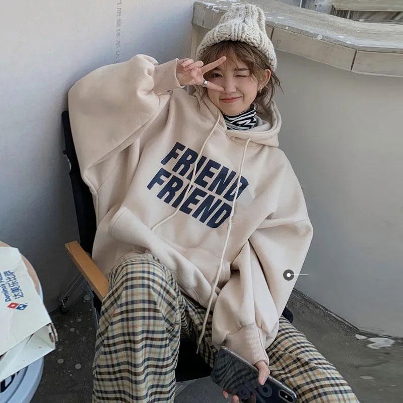 Autumn and Winter Hooded Pullover Sweater Korean Hip Hop Plus Velvet Thickening Harajuku Lazy Wind Sweater Female Student Loose All-match Top Coat