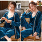 Three-piece Set Women's Sexy Lace Sling Nightgown with Chest Pad Gold Velvet Pajamas Winter Outwear Long Sleeves Night Robe Sleeping Suit