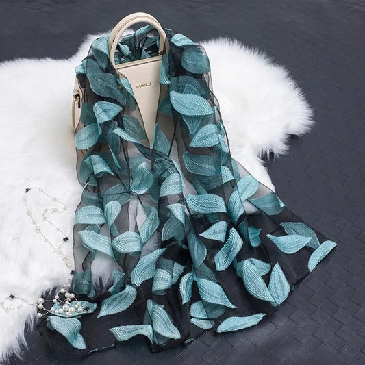 Women's Organza Cut Flower Scarf Embroidery Leaf Silk Scarf Autumn and Winter Tulle Long All Match Gauze Shawl Vintage Foral Neckerchief Bright Colors