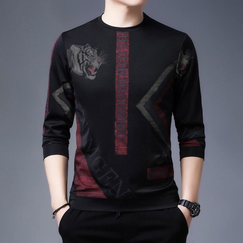 Autumn and Winter Long-sleeved T-shirt Men's Casual Round Neck Pullover All-match Printing Plus Velvet Thickening Base Sweater