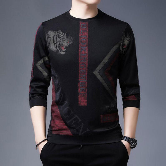 Autumn and Winter Long-sleeved T-shirt Men's Casual Round Neck Pullover All-match Printing Plus Velvet Thickening Base Sweater